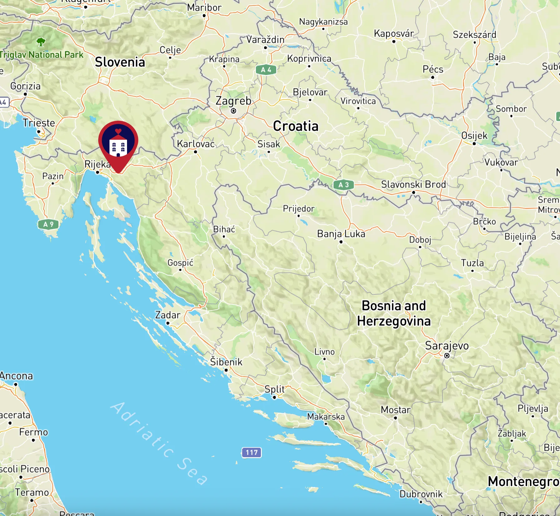 Map of Croatia showing Novi Vinodolski