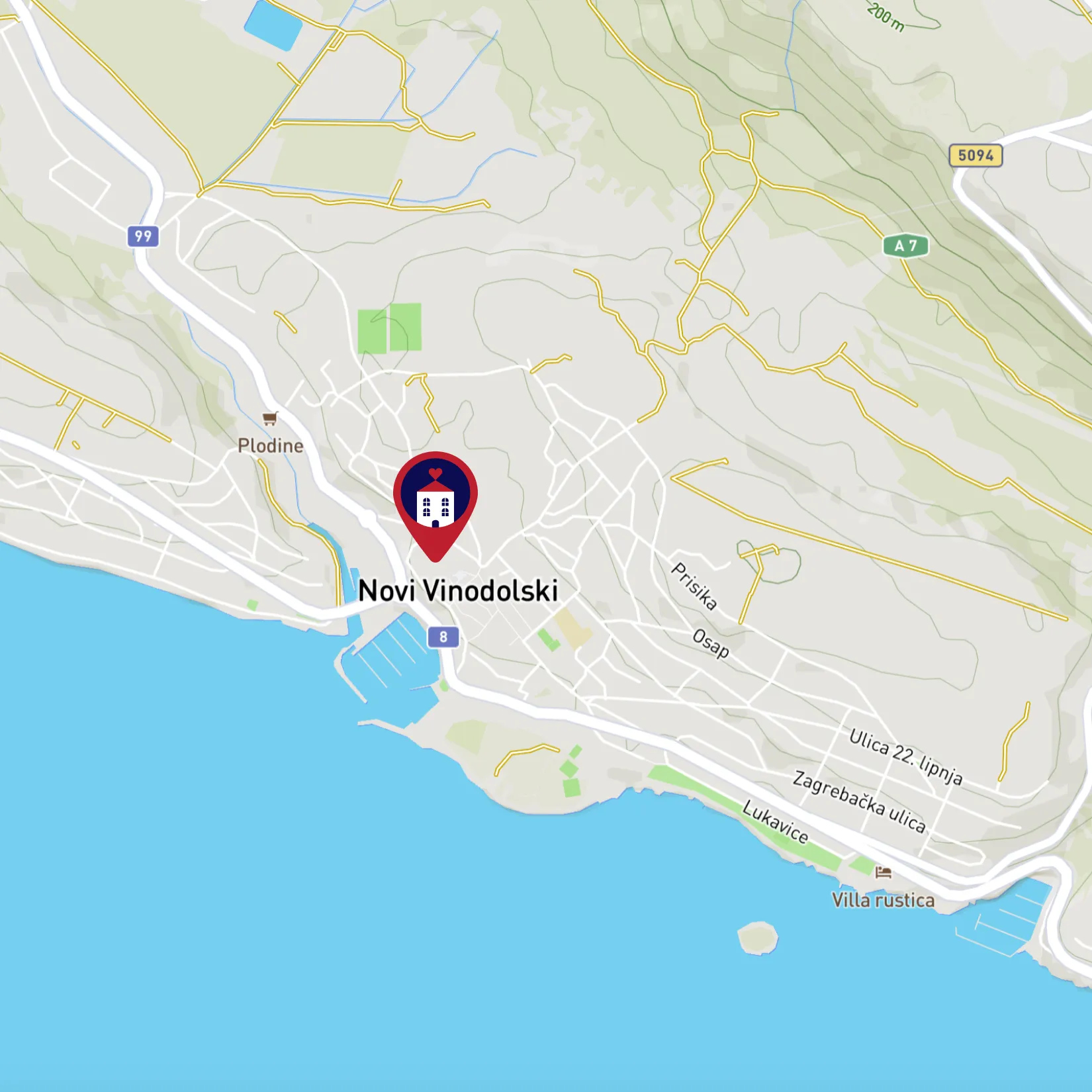 Map of Novi Vinodolski showing the Drveni Val studio