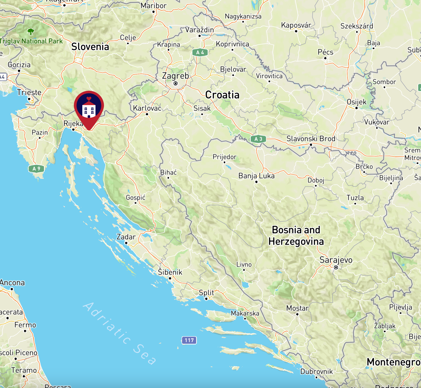 Map of Croatia showing a pin of Drveni Val